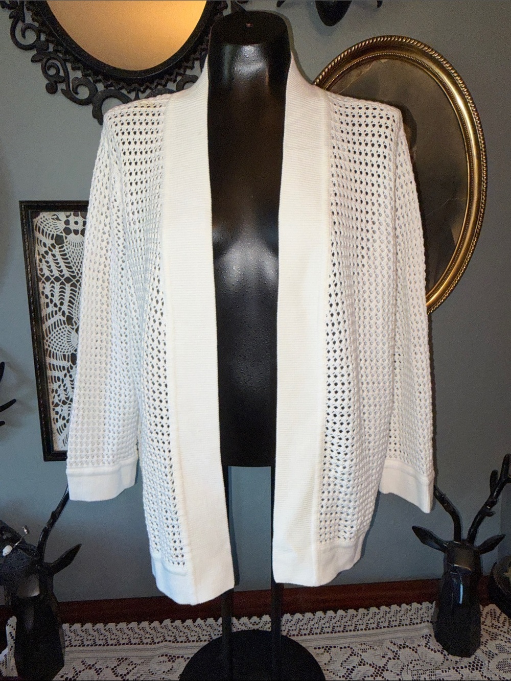 Jones Studio Open-Front Cream Crochet Knit Cardigan